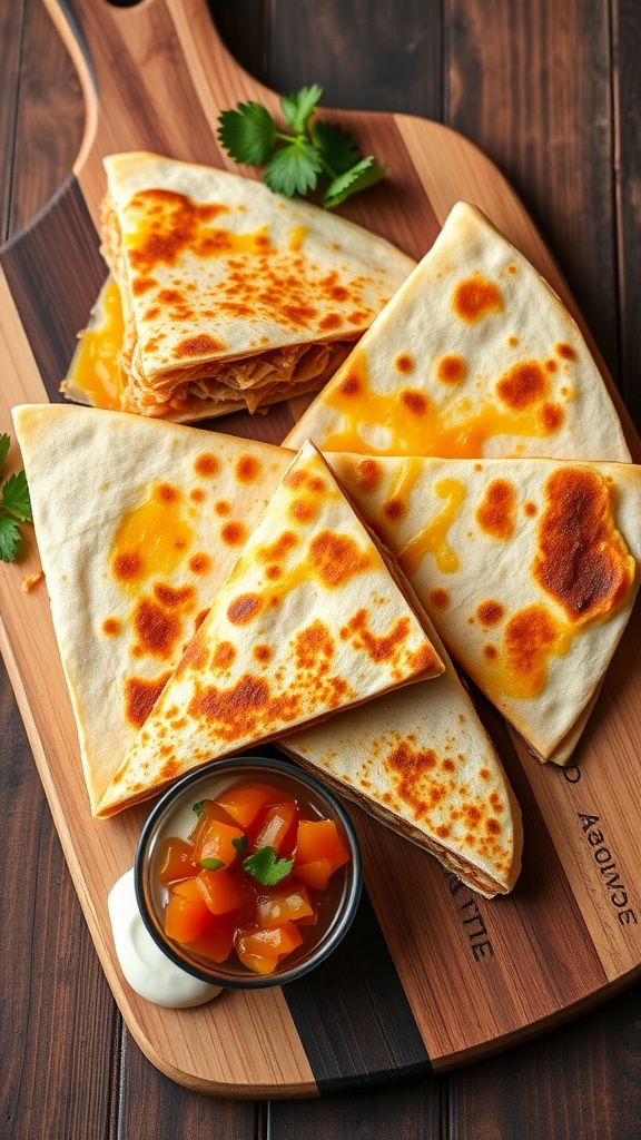 Cheesy Cabbage Quesadilla Recipe Golden brown cabbage quesadilla wedges on a wooden board with salsa and sour cream.